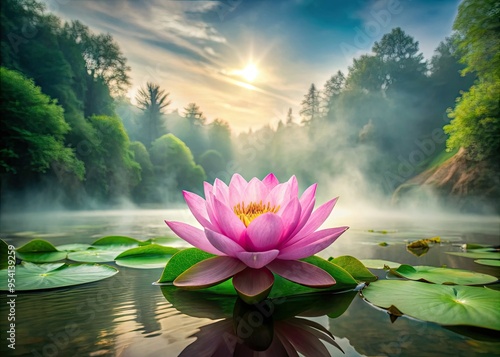 morning misty riverbank lotus flower mandala vibrant pink and green hues subtle ripples soft focus