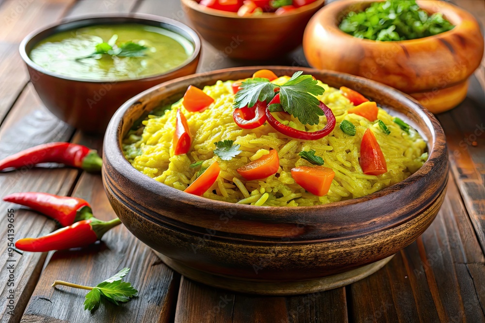 Golden brown saffron infused basmati rice peeks through rich green curry sauce with sautéed colorful bell peppers and carrots in an earthy ceramic bowl Golden brown saffron infused basmati rice peeks through rich green curry sauce with sautéed colorful bell peppers and carrots in an earthy ceramic bowl