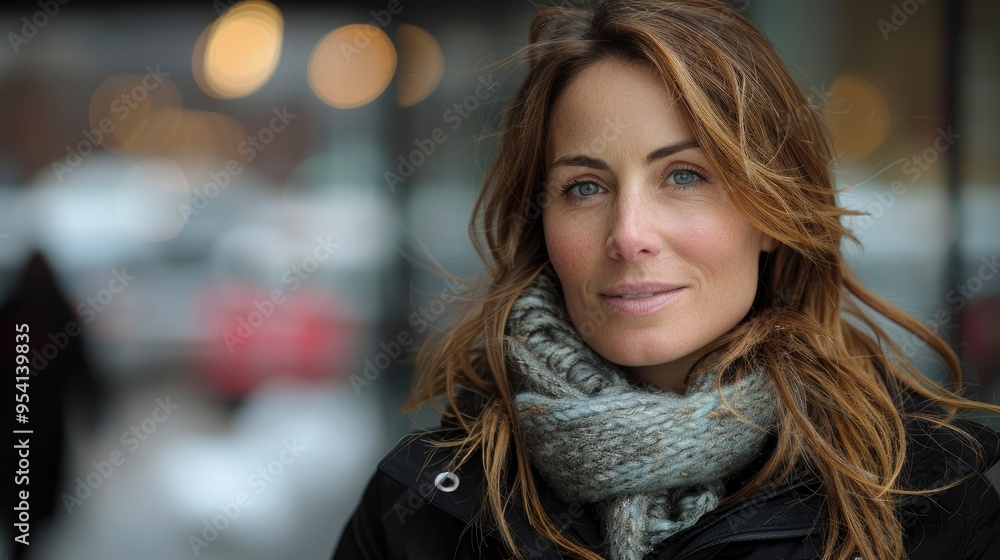 Woman with long brown hair looking at the camera in a city street Woman with long brown hair looking at the camera in a city street
