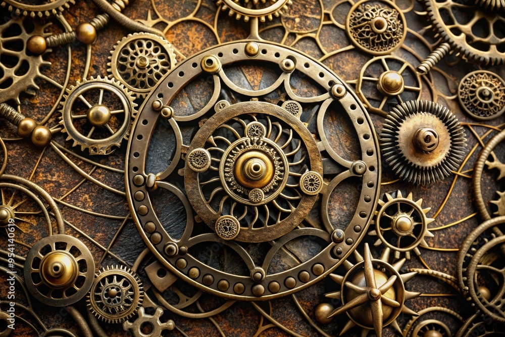 intricate ornate design featuring interlocking gears and machinery with web-like patterns and arrows converging on a antique brass button intricate ornate design featuring interlocking gears and machinery with web-like patterns and arrows converging on a antique brass button