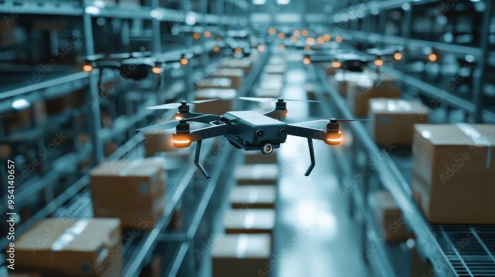 Drone Delivery System in Modern Warehouse with Parcels on Conveyor Belt Drone Delivery System in Modern Warehouse with Parcels on Conveyor Belt