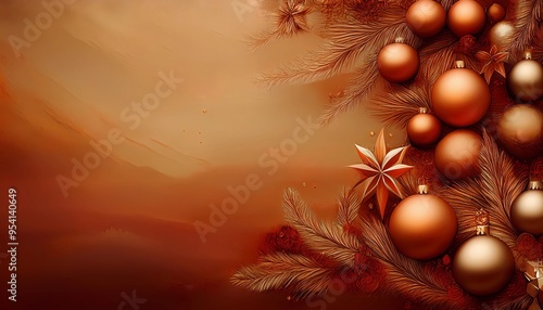 copper colored christmas background with golden colors, christmas balls, decoration