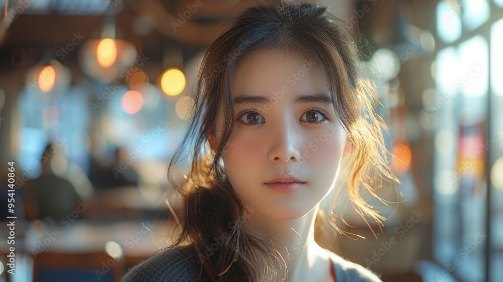 Young Woman with Long Hair Looking Directly at the Camera in a Cafe Young Woman with Long Hair Looking Directly at the Camera in a Cafe