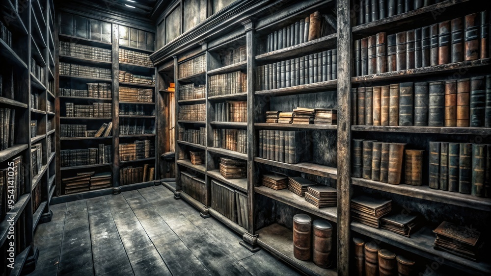 mysterious abandoned library stacks with worn black leather bound volumes on white shelves in dimly lit atmospheric monochrome fine art photography mysterious abandoned library stacks with worn black leather bound volumes on white shelves in dimly lit atmospheric monochrome fine art photography