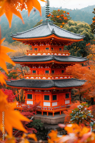 Autumn Japanese Pagoda Surrounded by Vibrant Maple Leaves: Traditional Temple in Kyoto's Colorful Fall Foliage, Captivating Cultural Scene