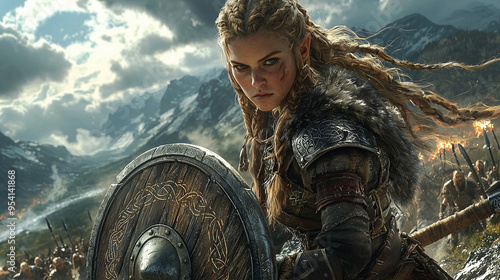 fierce dwarf shield maiden with braided hair and a weathered shield leading a charge through a valley under a stormy sky