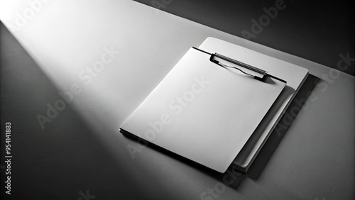 minimalist simplicity clean desk empty space single manila folder crisp white paper sharp creases high contrast black and white dramatic shadows photo