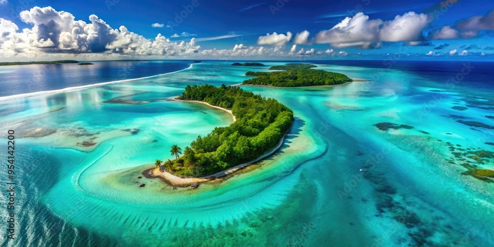 Fototapeta premium Breathtaking, aerial wave shot above turquoise lagoon, showcasing tranquil, untouched island, and subtle wave patterns, with high-contrast, vivid colors.