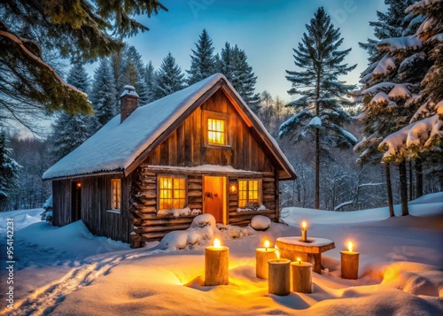 rustic winter cabin snow-covered mountainside cozy candles warmth wooden textures nostalgic vintage charm simplicity quiet peaceful New England winter retreat photo