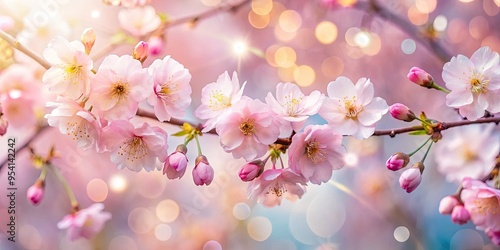 Delicate round petals of cherry blossoms glow softly, pastel pink hues, subtle bokeh, romantic mood, capturing the fleeting beauty of spring.