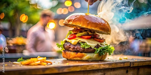 dramatic close-up of a juicy burger being expertly flipped at a popular street food stall in Slavonski Brod photo