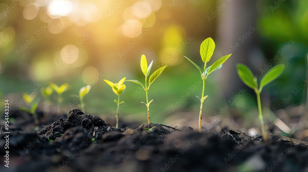 Young green seedlings growing in rich dark soil with a blurred background of sunlight and green foliage. Young green seedlings growing in rich dark soil with a blurred background of sunlight and green foliage.
