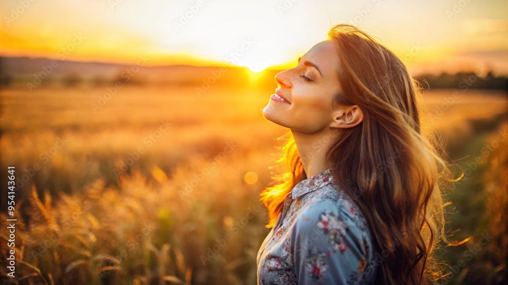 Backlit Portrait of calm happy smiling free woman with closed eyes enjoys a beautiful moment life on the fields at sunset. Backlit Portrait of calm happy smiling free woman with closed eyes enjoys a beautiful moment life on the fields at sunset.