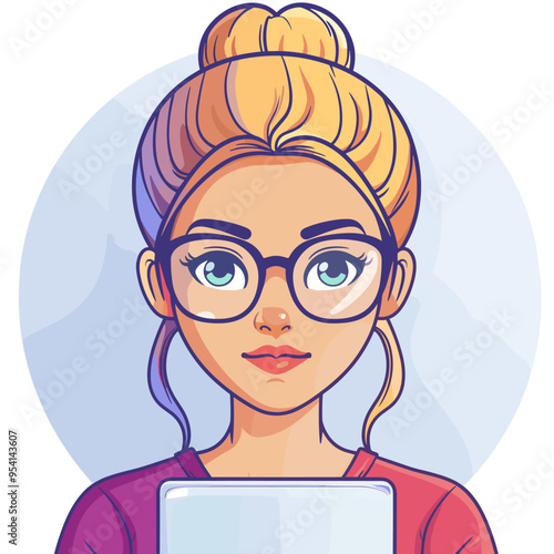 Vector cartoon illustration of a girl with glasses and a tablet in her hands.