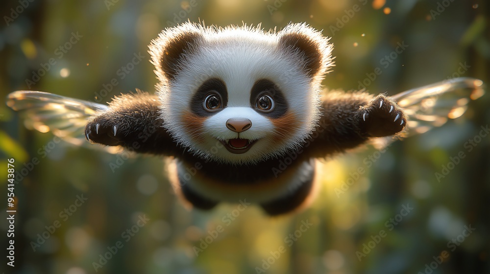 Mini Panda mignon en envol dans une forêt enchantée ; petit animaux fantastique et adorables Mini Panda mignon en envol dans une forêt enchantée ; petit animaux fantastique et adorables
