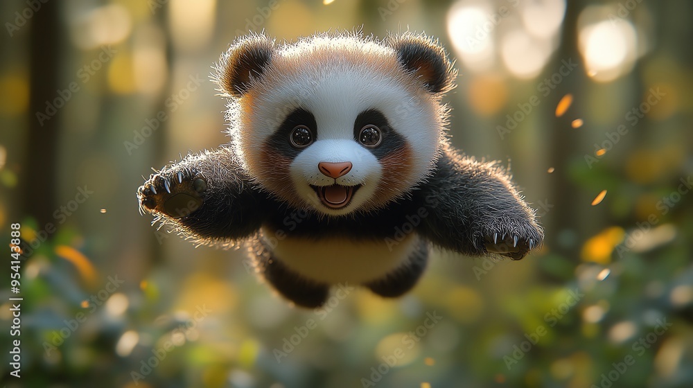 Fototapeta premium Mini Panda mignon en envol dans une forêt enchantée ; petit animaux fantastique et adorables