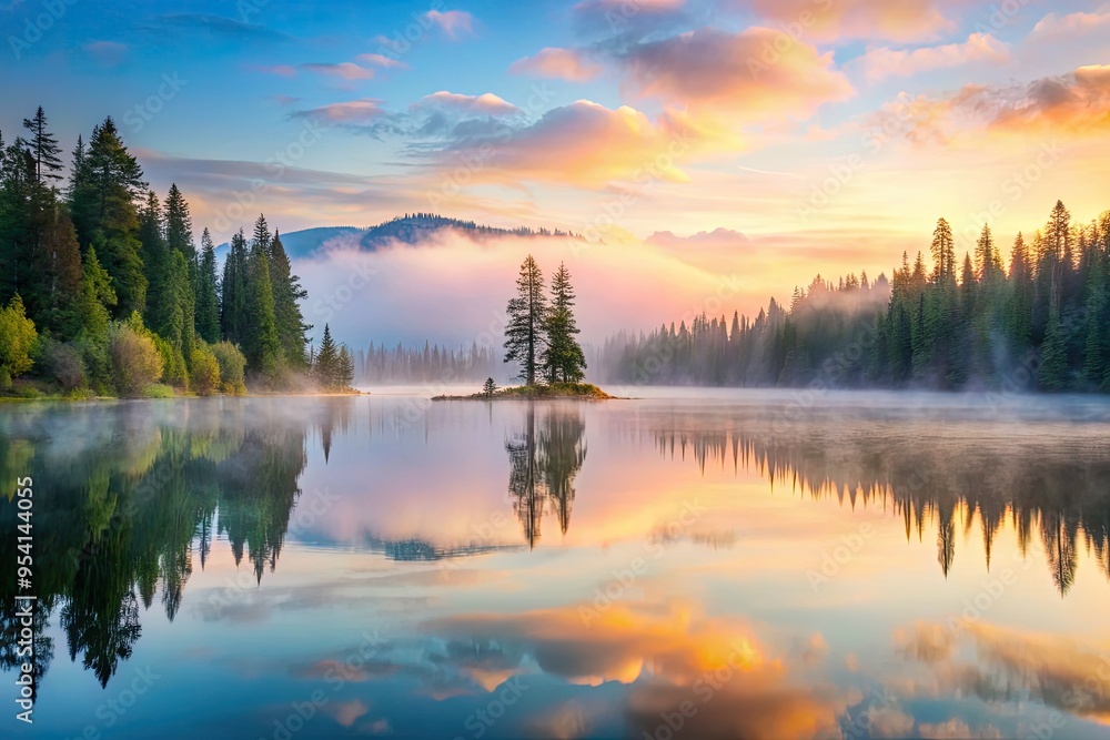 Fototapeta premium serene pacific northwest lake at dawn with misty fog rising and surrounding landscape reflected in calm water soft pastel colors peaceful contemplative atmosphere