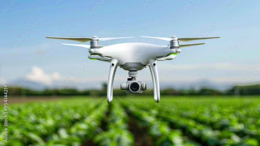 A drone equipped with a camera hovering over a lush agricultural field, symbolizing modern technology's role in farming and crop monitoring. A drone equipped with a camera hovering over a lush agricultural field, symbolizing modern technology's role in farming and crop monitoring.