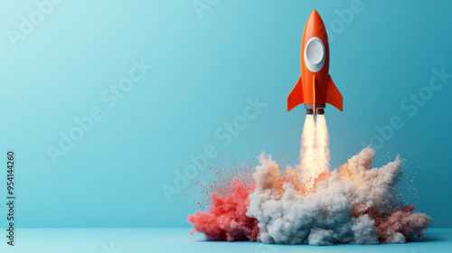 Orange rocket taking off surrounded by colorful smoke clouds against a blue background, symbolizing innovation and exploration. photo