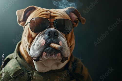 military bulldog wearing sunglasses and smoking cigar