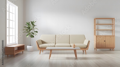 Japandi Interior Design of Modern Living Room, The Room has a beige Sofa, a White Coffee Table, and a few potted Plants