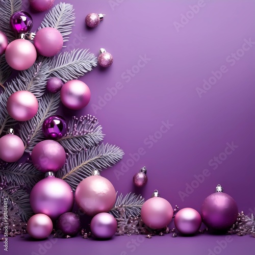 purple Christmas background with Christmas balls, branches, feathers, pearls,