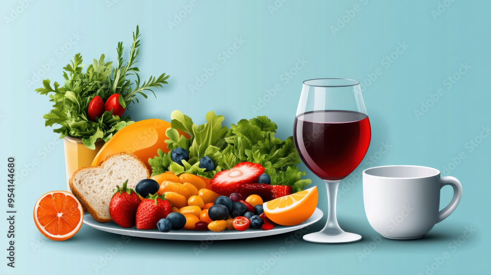 Plate of fresh fruits, bread, and salad with a glass of red wine and a white coffee cup, representing a balanced breakfast. Plate of fresh fruits, bread, and salad with a glass of red wine and a white coffee cup, representing a balanced breakfast.