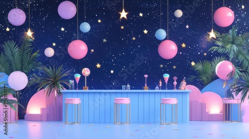 Pastel Bar with Night Sky Background and Tropical Plants