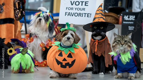 Adorable pets dressed in Halloween costumes, participating in a costume contest. Perfect for pet-related content, Halloween celebrations, and seasonal marketing. 
