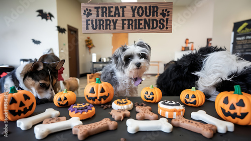 Three adorable dogs dressed up for Halloween enjoy a spread of pumpkin-themed treats. Perfect for pet care, Halloween, and autumn themes. 
