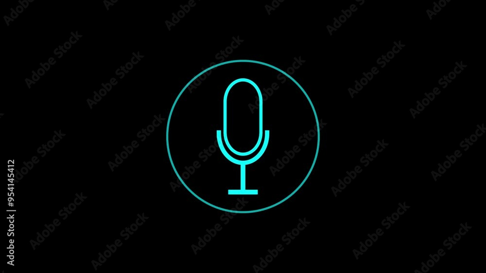Voice recording podcast microphone icon animation on the black background 4K. Cyan color Animation of neon sign Microphone signal icon isolated. Animated microphone icon. Voice recording podcast microphone icon animation on the black background 4K. Cyan color Animation of neon sign Microphone signal icon isolated. Animated microphone icon.