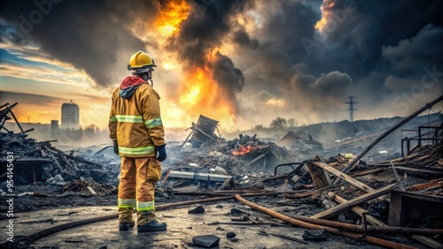 haunting, silhouette of a lone emergency worker standing watchful at the disaster site, amidst twisted metal and debris, conveying a sense of quiet strength photo