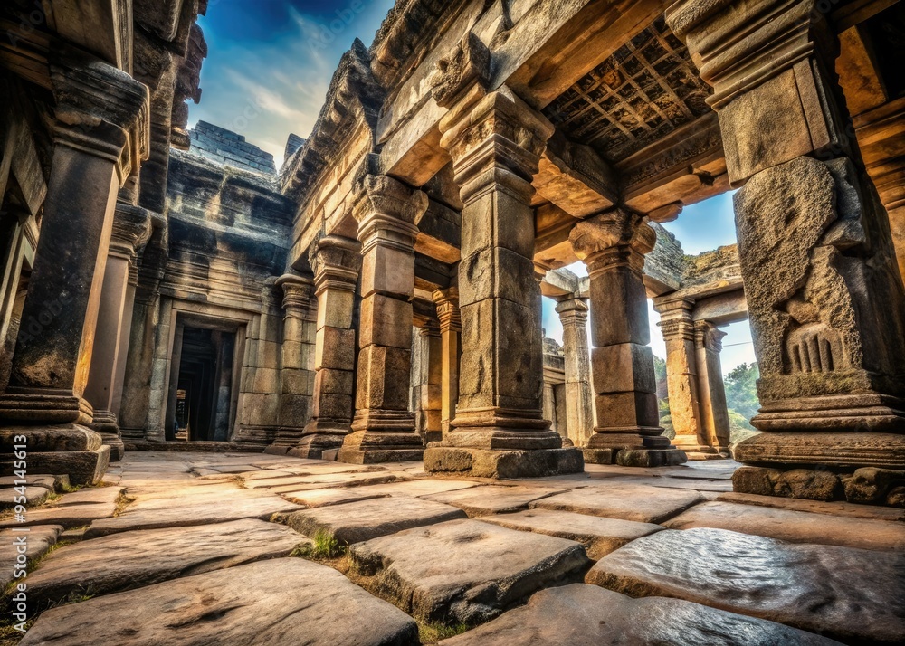 Obraz premium dramatic low-angle blur on worn stone floor beneath an ancient temple's intricate carvings and massive stone pillars