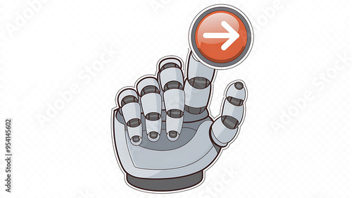 Robotic hand pointing to a red arrow button, symbolizing automation, technology, and progress. 
