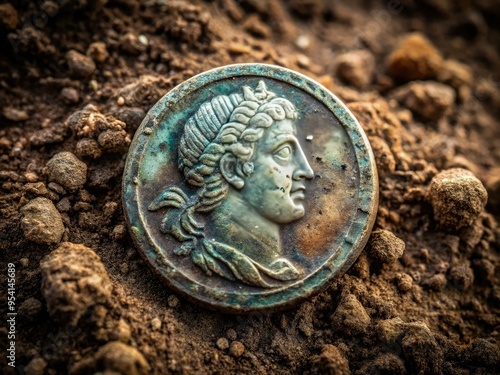 AncientCoin Relic HistoricalArtifact DustyTexture EarthTonedColorPalette MysteriousComposition ArchaeologicalFind photo