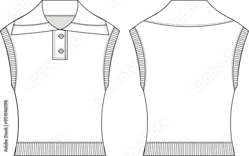 sleeveless collared henley neck buttoned ribbed cuffs hems vest waistcoat blouse top template technical drawing flat sketch cad mockup fashion woman design style model
