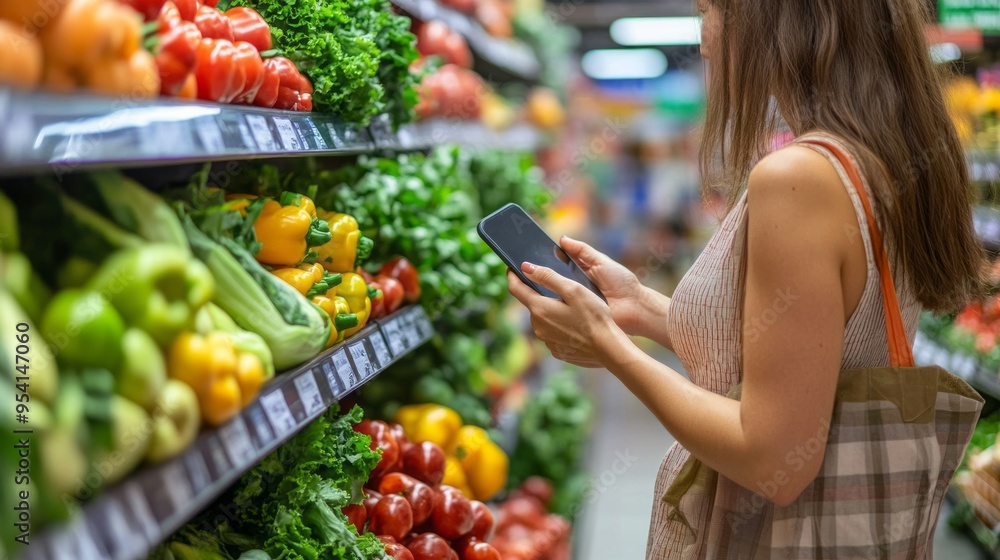 Women with smart phone grocery shopping in supermarket Women with smart phone grocery shopping in supermarket