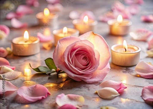 Soft pink rose petals scattered on marble warm candlelight soft focus sensual touch gentle lips romantic whispers intimate foreheads