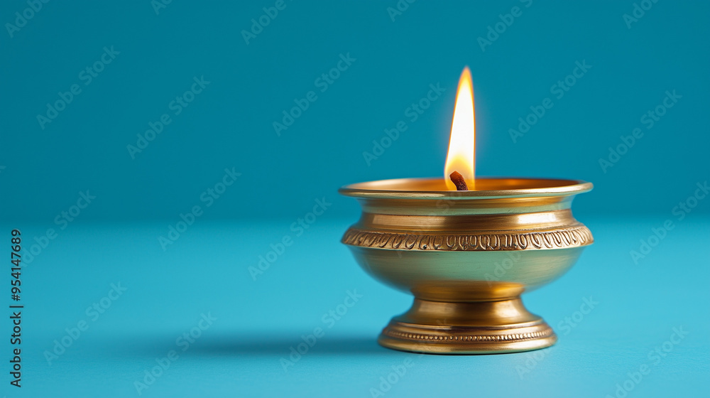 Happy Diwali, Brass Diya Lit Against a Blue Background, Space for Text, Indian Festival Happy Diwali, Brass Diya Lit Against a Blue Background, Space for Text, Indian Festival