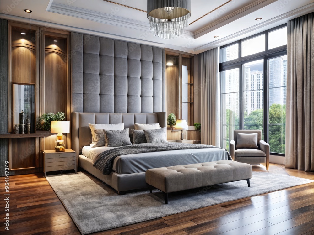 Luxurious modern master bedroom featuring a plush gray velvet bed, floor-to-ceiling windows, and sleek wooden accents, exuding serene sophistication and elegance. Luxurious modern master bedroom featuring a plush gray velvet bed, floor-to-ceiling windows, and sleek wooden accents, exuding serene sophistication and elegance.