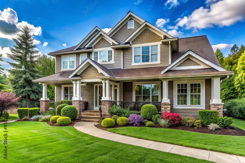 Luxurious modern suburban home with immaculate lawn, gleaming windows, and inviting porch, evoking feelings of warmth, Luxurious modern suburban home with immaculate lawn, gleaming windows, and inviting porch, evoking feelings of warmth,