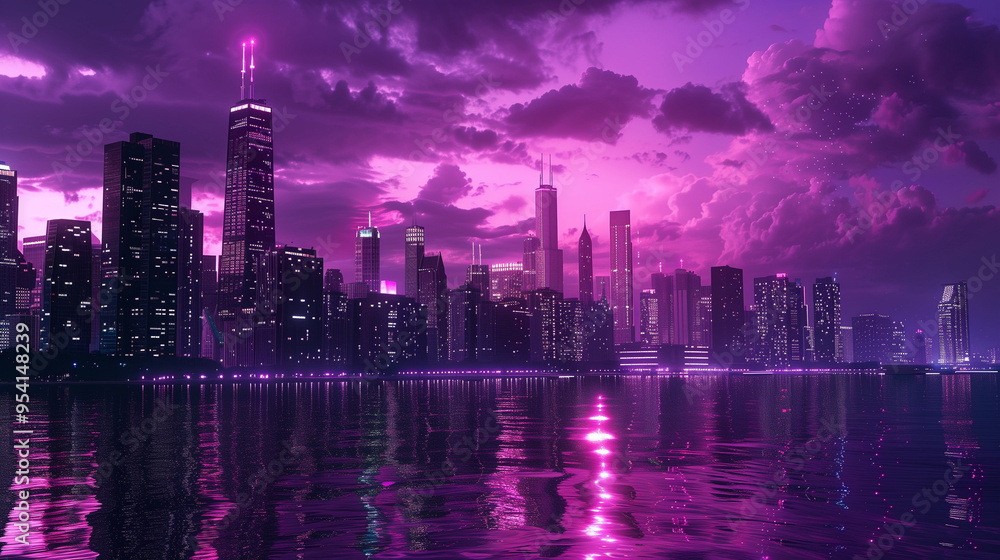 Vibrant Neon Cityscape at Night with Reflections on Water - Futuristic Urban Skyline Vibrant Neon Cityscape at Night with Reflections on Water - Futuristic Urban Skyline