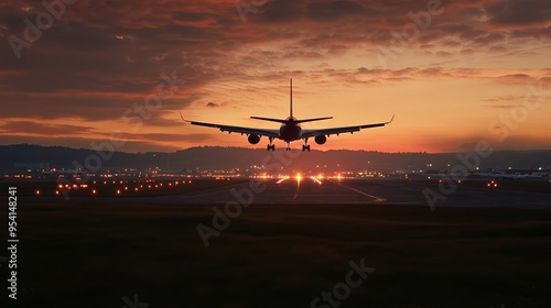 Landing at the airport at sunset photo