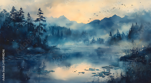 Lakeside Twilights Ethereal Embrace: Dragonflies Dance in the Mist