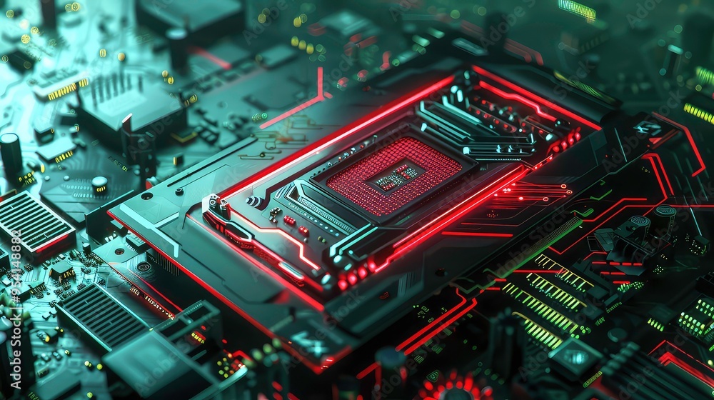 Close up of a computer motherboard with glowing red lights around the processor. Close up of a computer motherboard with glowing red lights around the processor.