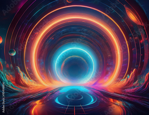 Vibrant Neon Circles Glowing Abstract Electric Pattern on Dark Futuristic Background