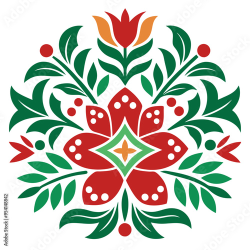 Symmetric Block Print Design with Floral  Motifs Vector Illustration Art