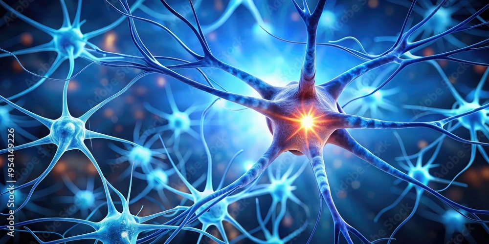 minimalist composition of a single inflamed neuron amidst a network of neurons illuminated in soft blue light conveying chronic fatigue and mental fogginess minimalist composition of a single inflamed neuron amidst a network of neurons illuminated in soft blue light conveying chronic fatigue and mental fogginess