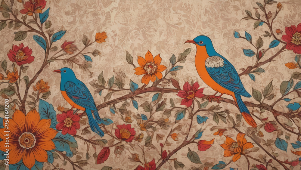 art, background, texture, design, bright, indian, illustration, decoration, nature, flower, exotic, tropical, beauty, abstract, pattern, elegant, vintage, floral, beautiful, summer, spring, bird, tree