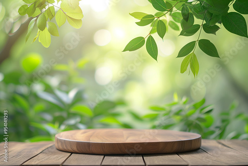 Wooden product display podium with blurred nature leaves background photo